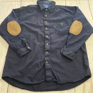 Pendleton Wool Dark Blue Button Shirt with Brown Elbow Patches XL Long